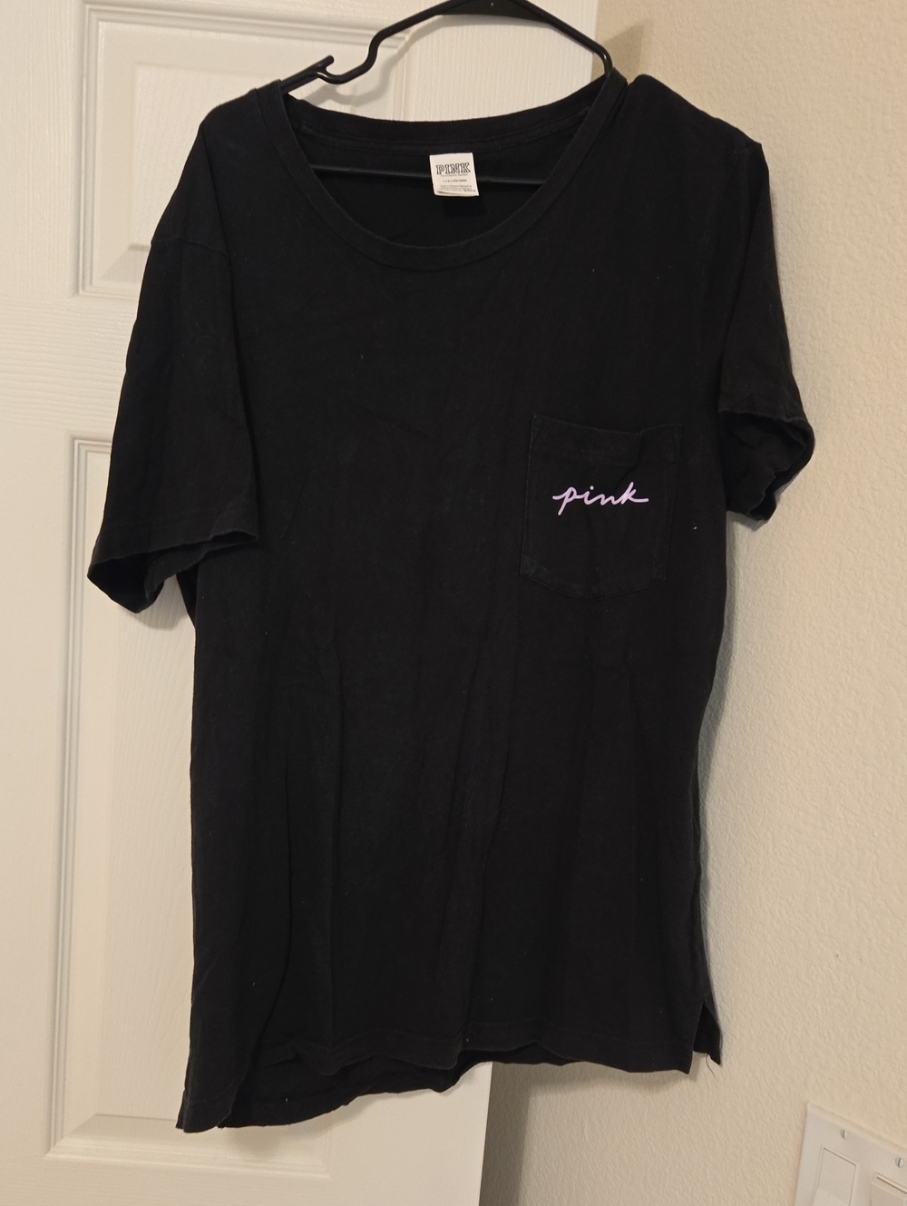 PINK Victoria's Secret Campus  Black Pocket Tee with Lavender Script Size L